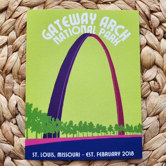 Poster of Gateway Arch National Park with a green background on a woven surface
