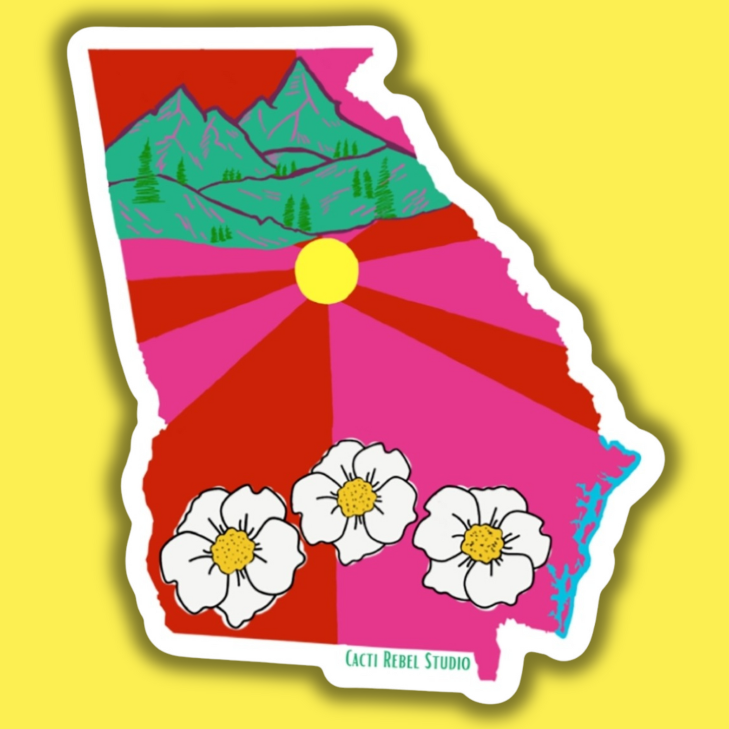 Colorful sticker of a stylized map of Georgia with mountains, sun, and flowers on a yellow background.