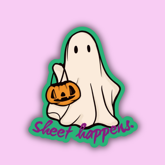 Ghost with candy bag and 'sheet happens' text on a pink background