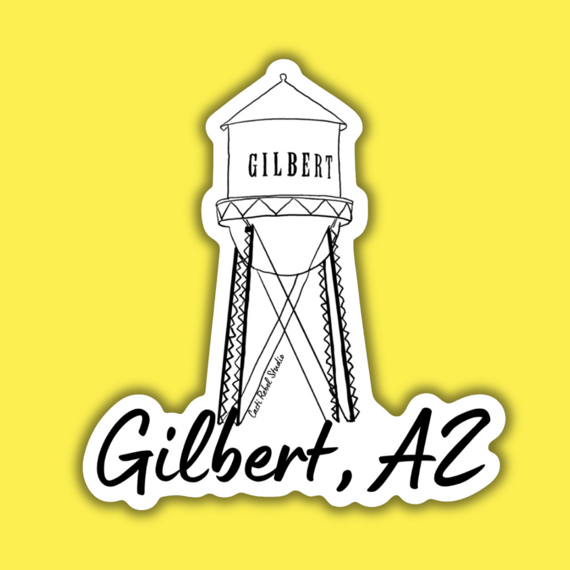 Sticker of a water tower with 'Gilbert, AZ' text on a yellow background