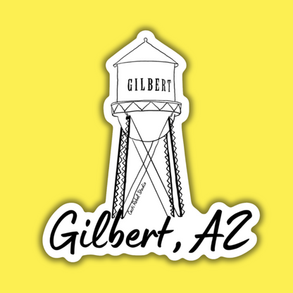 Sticker of a water tower with 'Gilbert, AZ' text on a yellow background