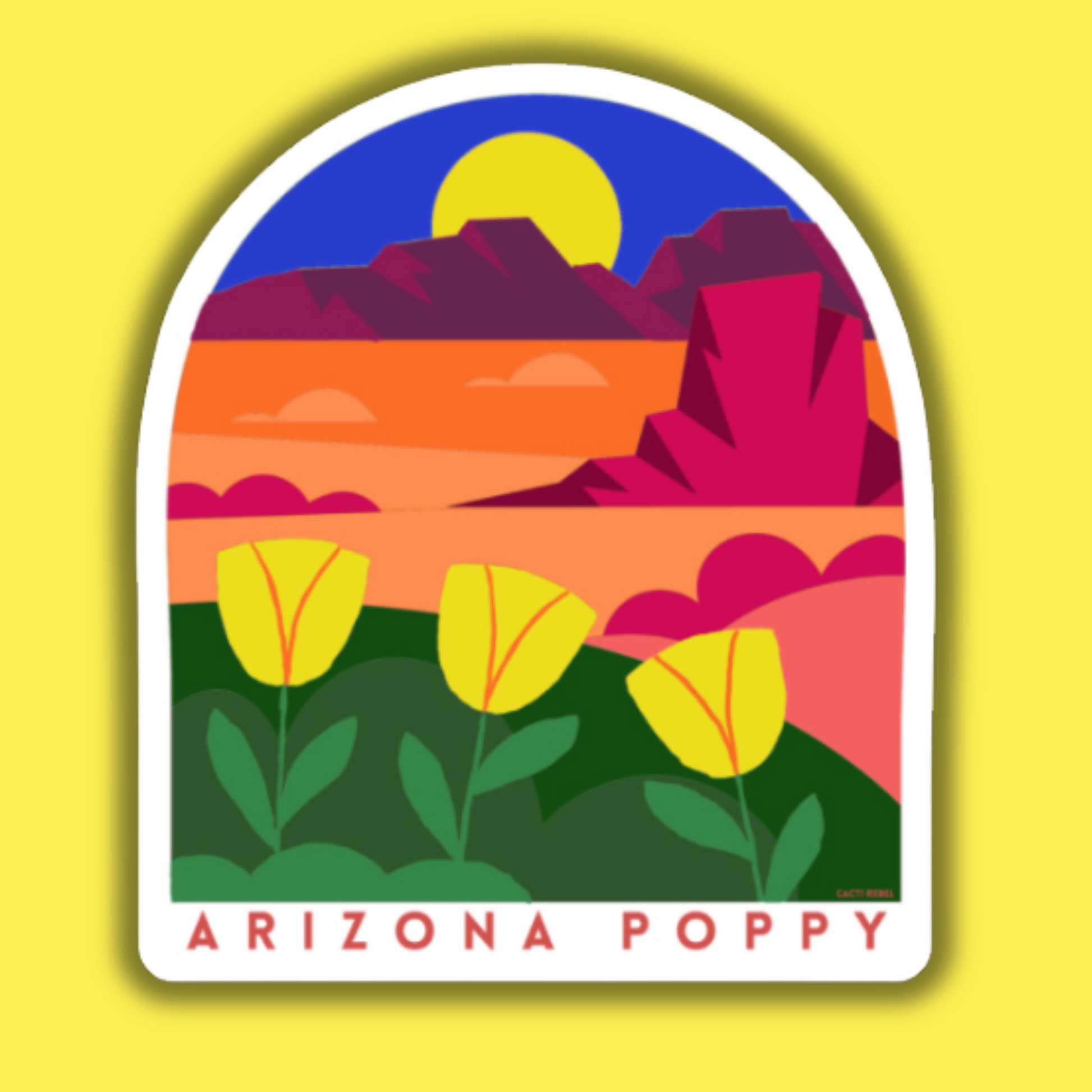 Sticker with a colorful landscape design and 'Arizona Poppy' text on a yellow background