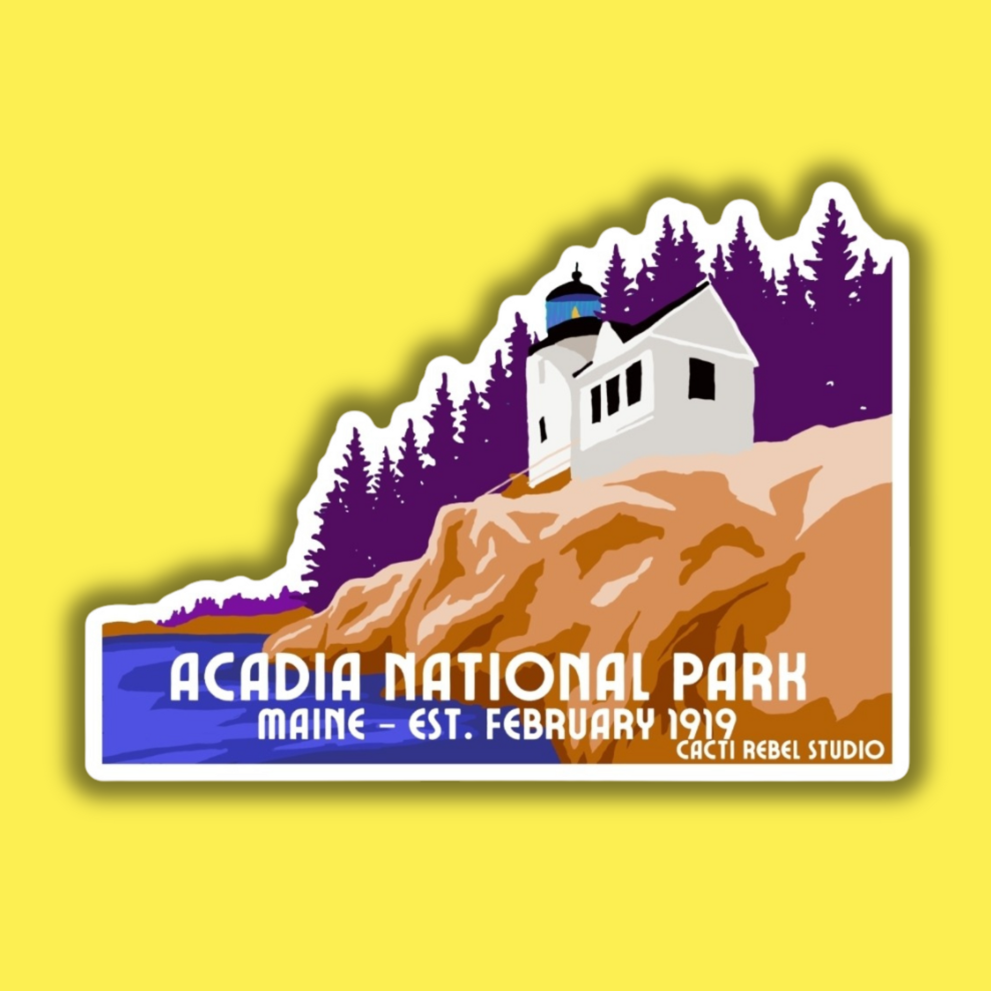Sticker of Acadia National Park with a lighthouse and mountain on a yellow background