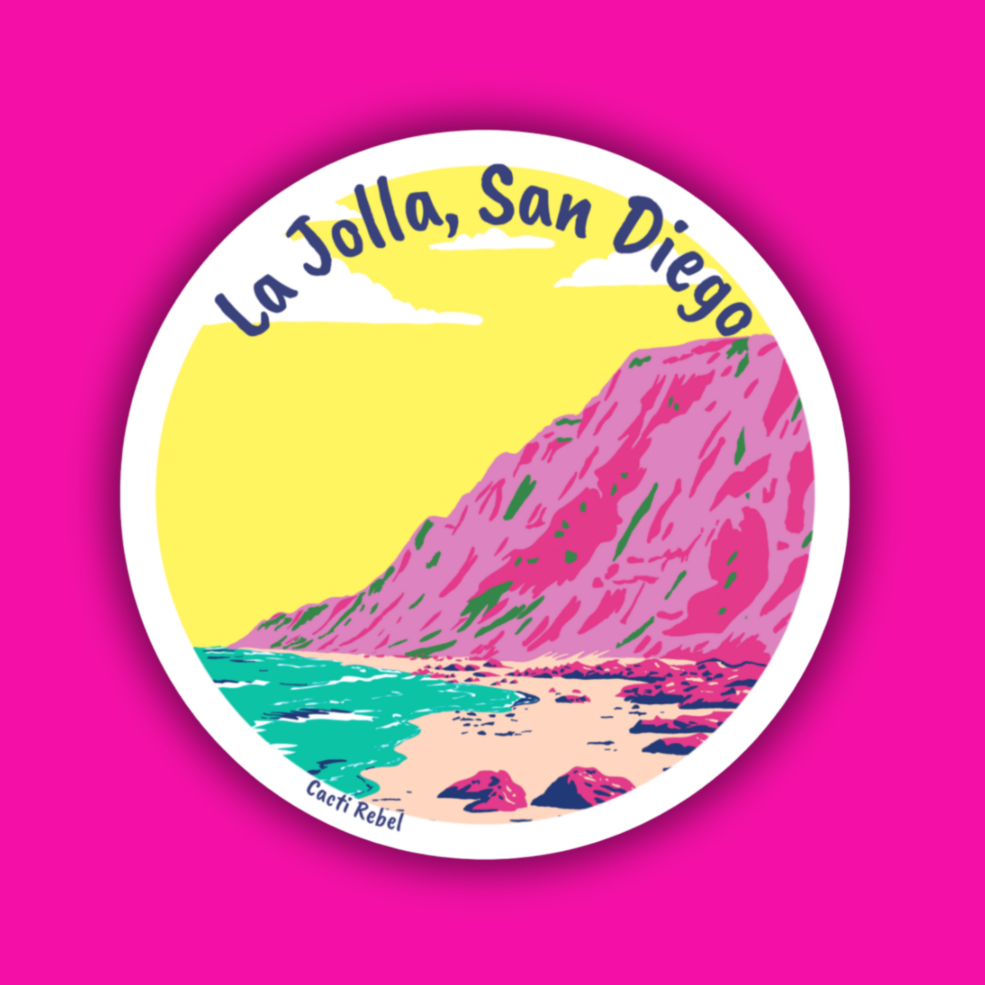 Sticker with La Jolla, San Diego landscape design on a pink background