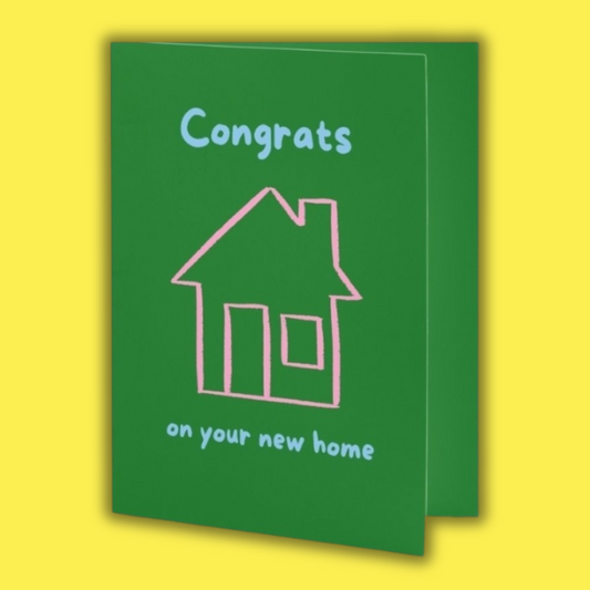Green card with a house illustration and 'Congrats on your new home' text on a yellow background