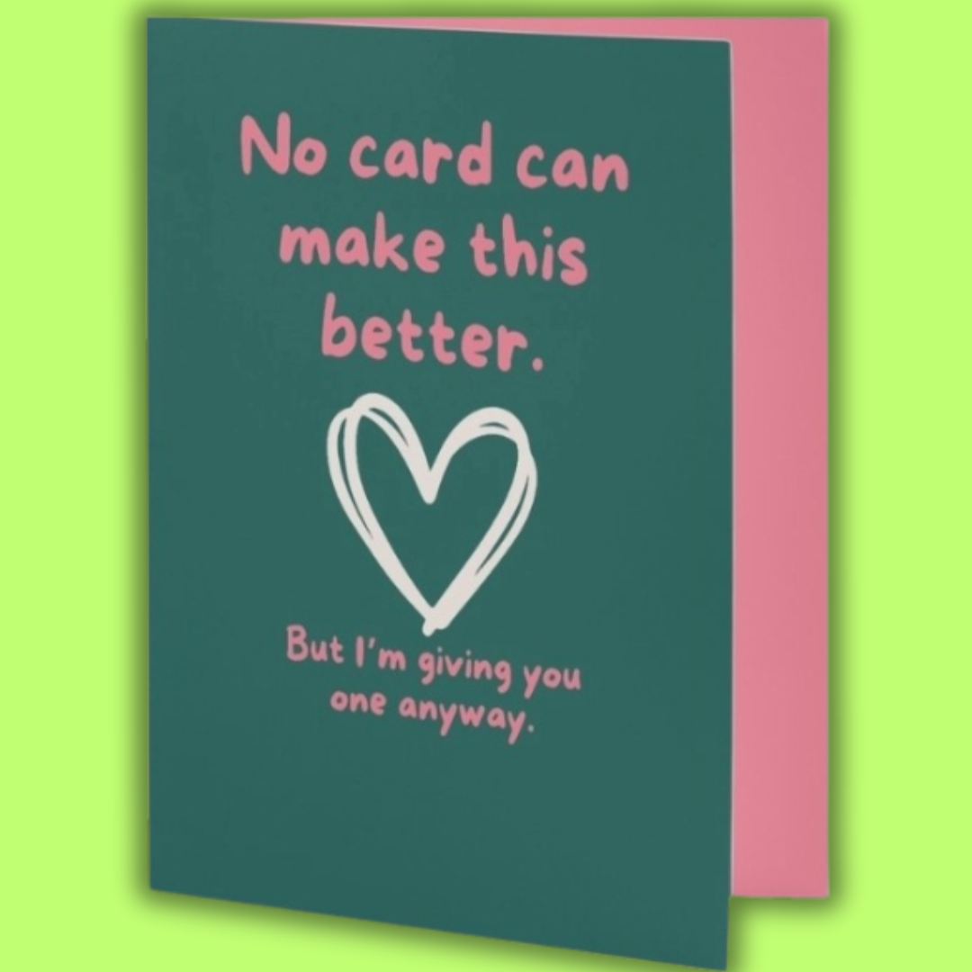 Greeting card with text and heart design on a green background