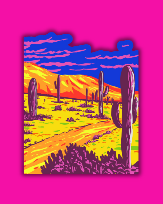 Colorful desert scene with cacti on a pink background