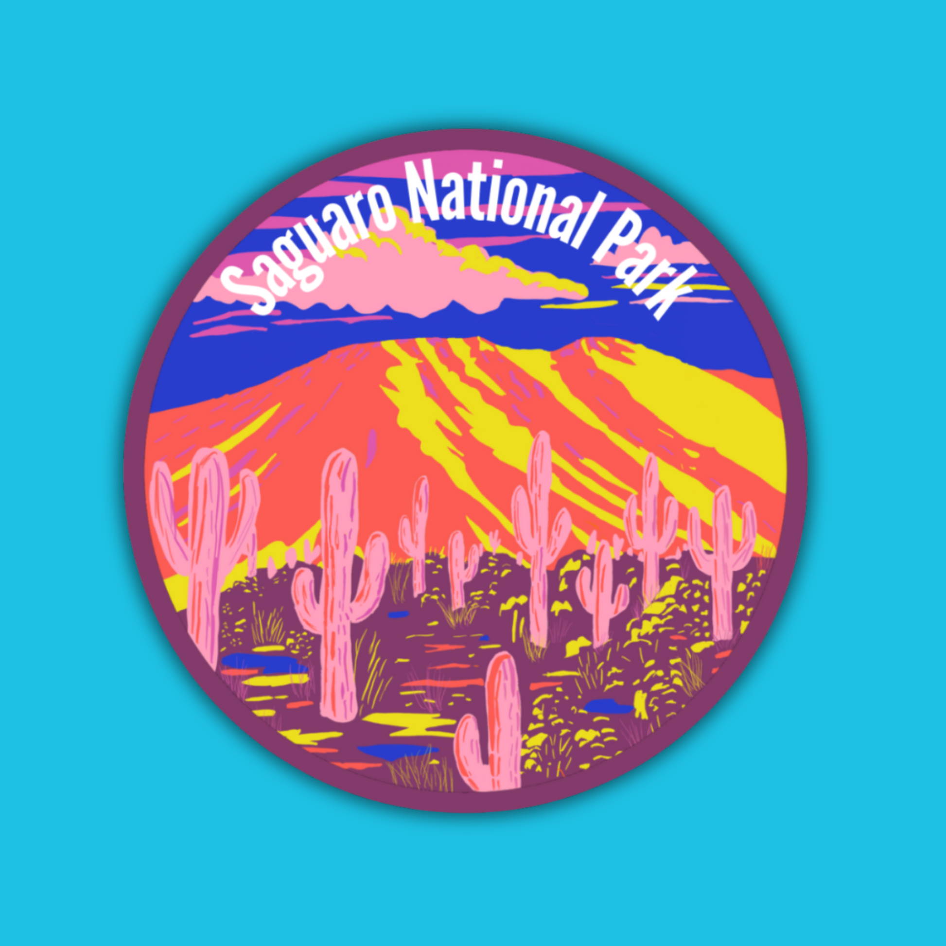 Circular sticker of Saguaro National Park with cacti and desert landscape on a blue background
