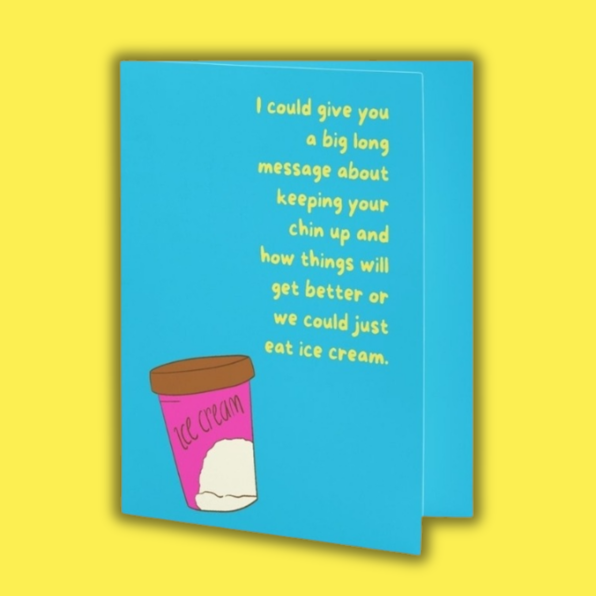 Card with ice cream illustration and text on a yellow background