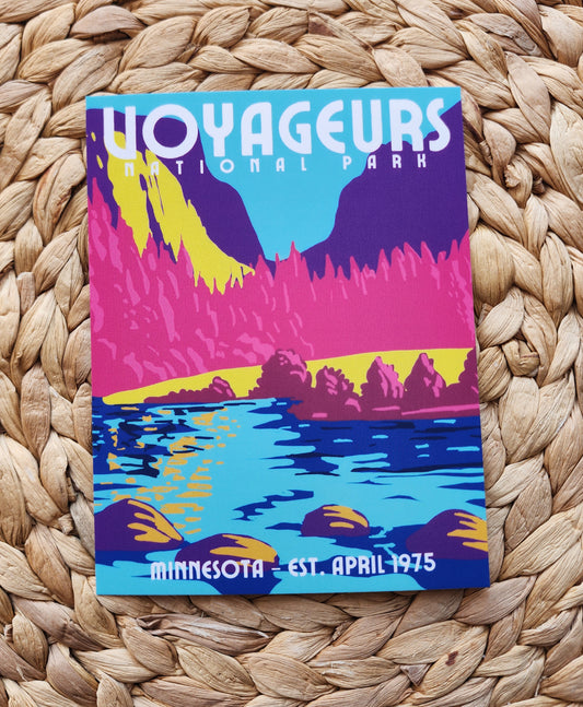 Colorful poster of Voyageurs National Park on a woven surface