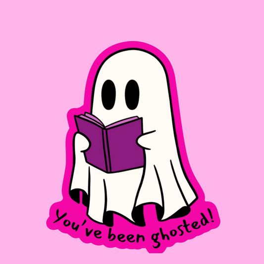 Ghost holding a book with 'You've been ghosted!' text on a pink background